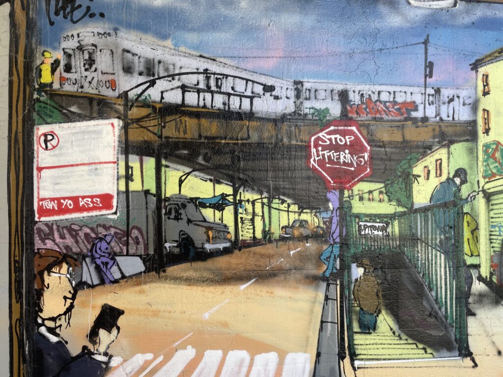 more graffiti of a city, featuring an elevated train, people on the street, a no parking sign that says TOW YO ASS, and a stop sign reading STOP LITTERING.