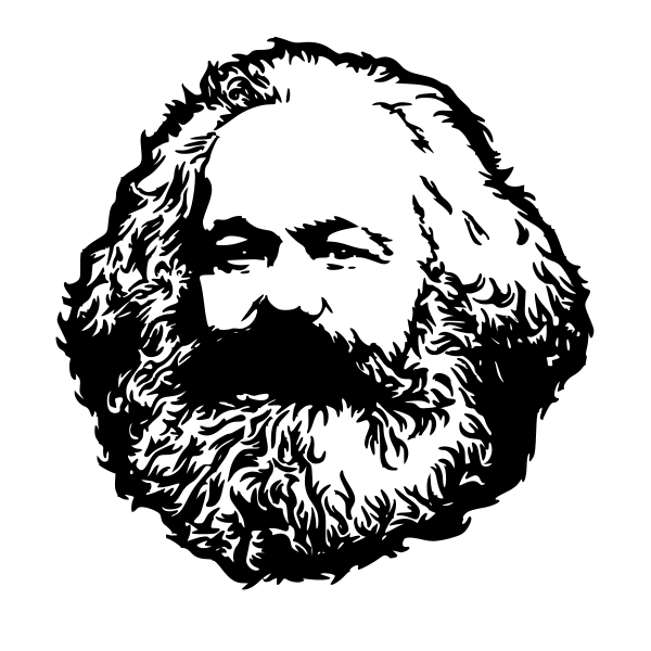 a monochrome drawing of a bearded Karl Marx