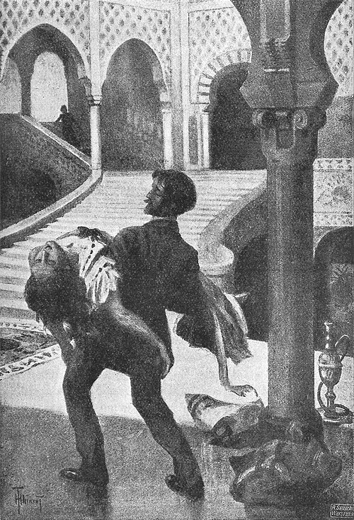 black and white illustration of a man carrying a passed-out woman in a stately hall with curving stairs and a hookah by a column