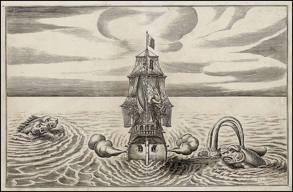 an old school tall ship with sails unfurled firing cannons at sea monsters on either side, with the sea monsters wearing facial expressions like tired dogs. 