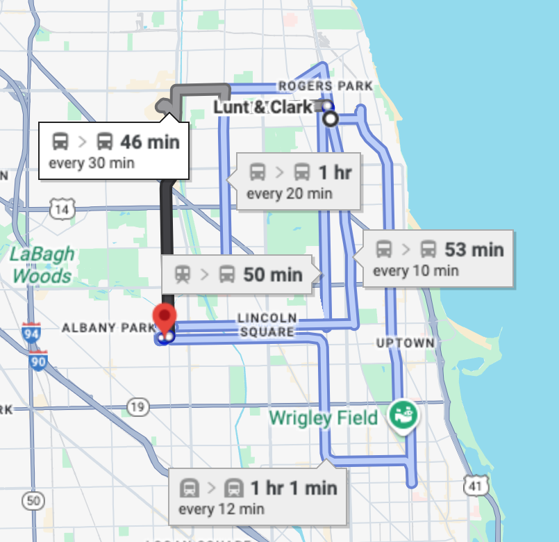screenshot from Google Maps depicting many ways to get from Farwell and Clark to Roosevelt high school, all public transit, none under 46 minutes