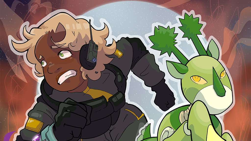 a comic book panel with a human hero and an alien animal hero in action poses
