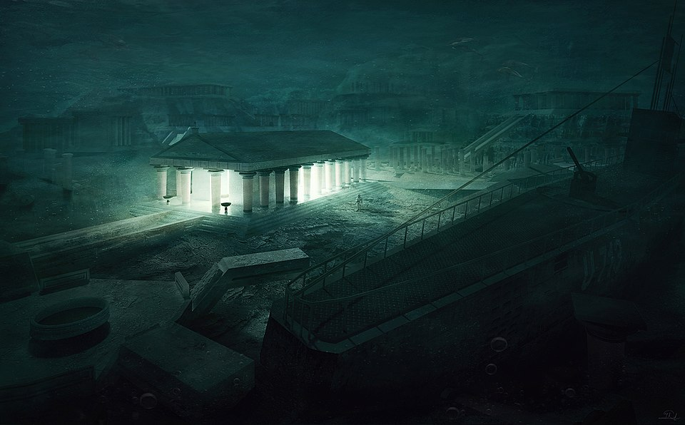 a city at night, with most buildings shrouded in darkness, save for a strange, Parthenon-style temple in the center that is emanating light.