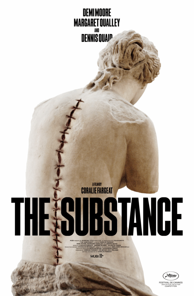 movie poster for The Substance with a Venus de Milo with stitches running down her back