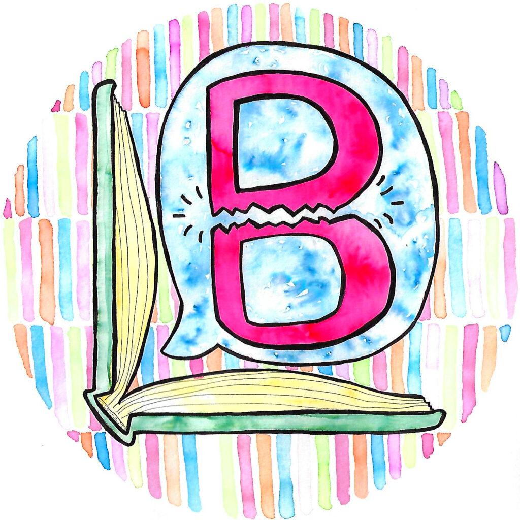 a logo with pink, yellow, orange, and blue stripes and a book open to look like an L and a speech bubble with a pink B
