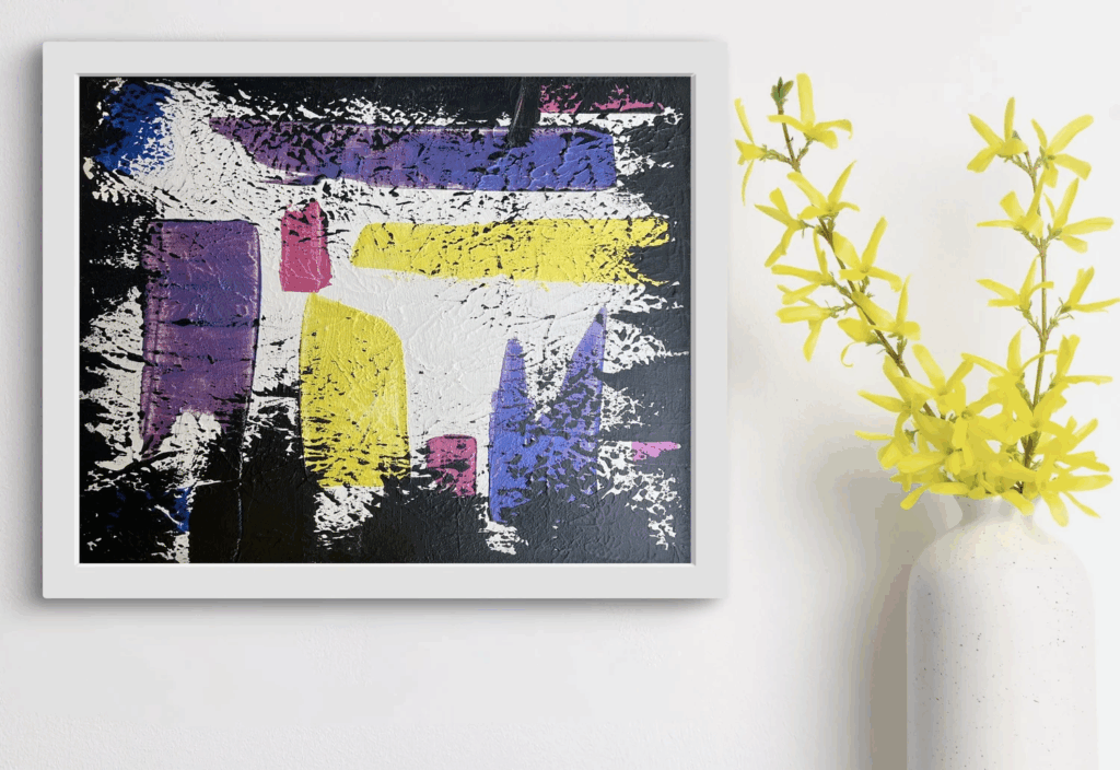 a painting, yellow and purple geometric lines and shapes that almost look like cartoon characters, but the edges of the painting are overlayed with black, like a soot effect
