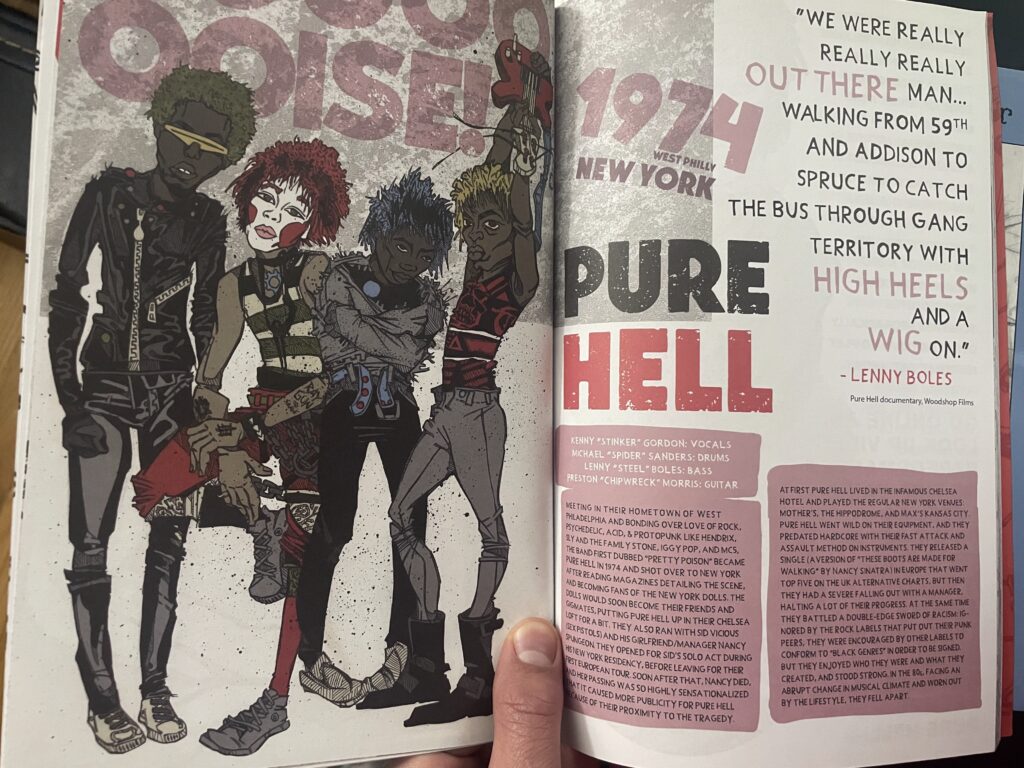 a spread of two graphic novel pages, one side with a four-piece band of Black punks in punk rock clothes, the other side text