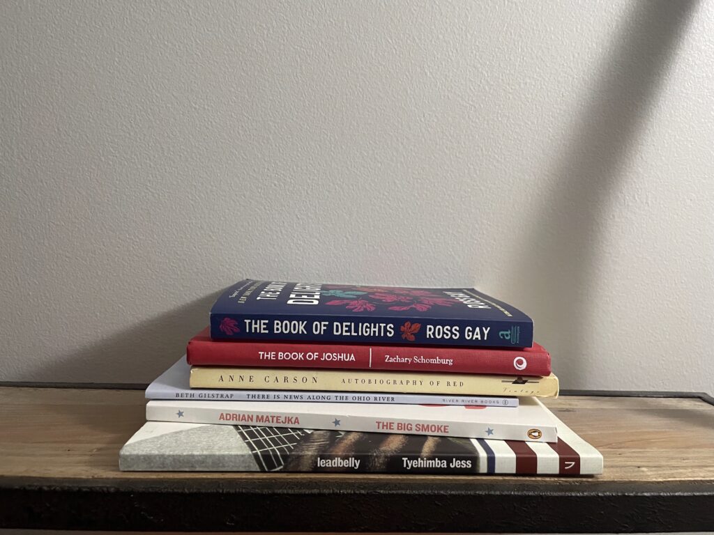 books piled on a shelf, including The Book of Delights by Ross Gay, The Book of Joshua by Zachary Schomburg, Autobiography of Red by Anne Carson, There Is News Along The Ohio River by Beth Gilstrap, The Big Smoke by Adrian Matejka, and leadbelly by Tyehimba Jess