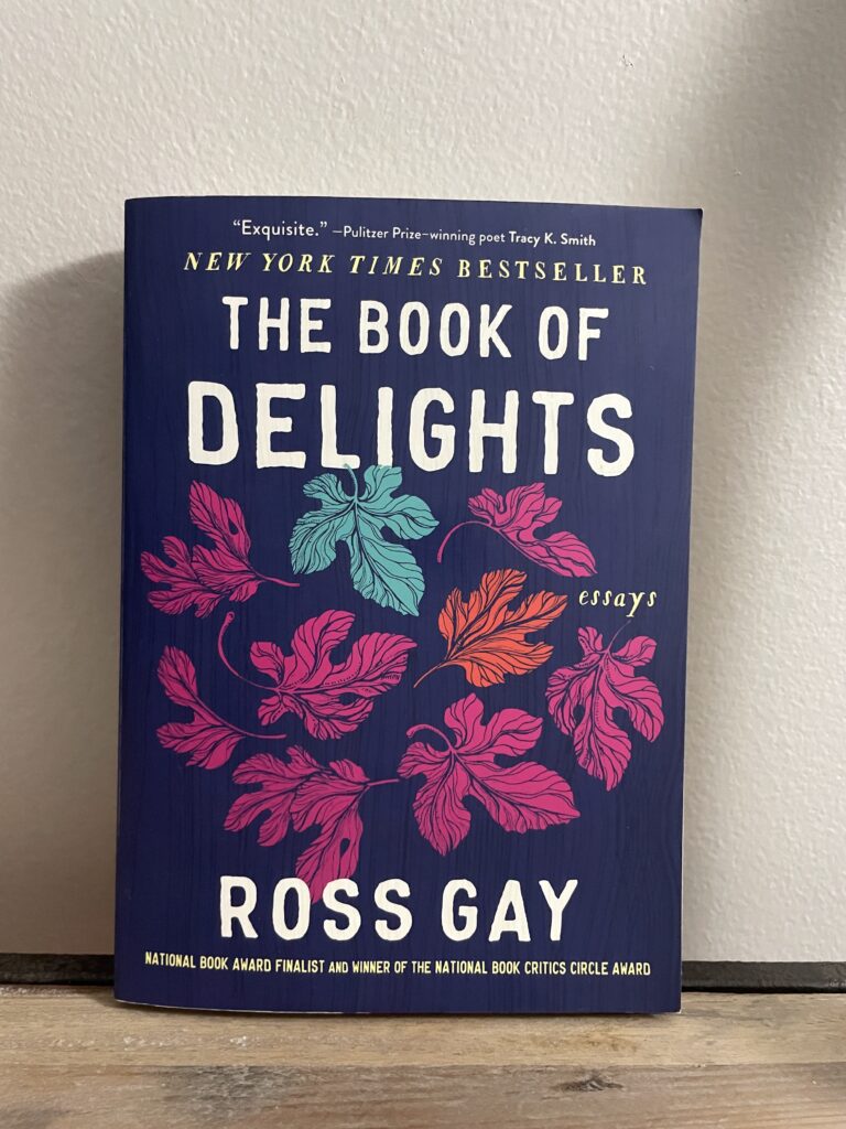a book, The Book of Delights by Ross Gay, on a shelf