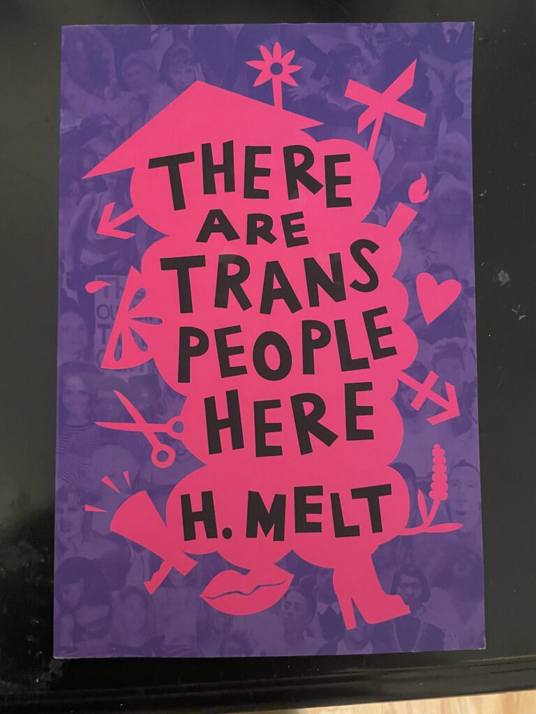a book, There Are Trans People Here by H Melt, against a black background