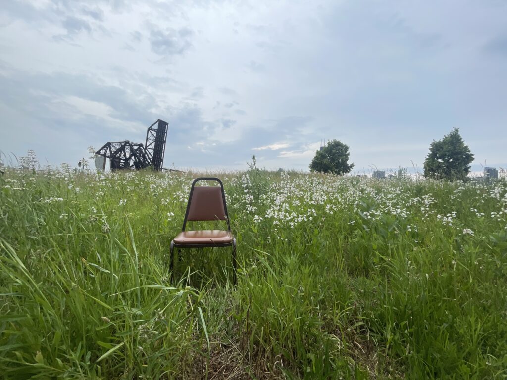 a chair in the middle of tall grass with a bridge tower visible in the background