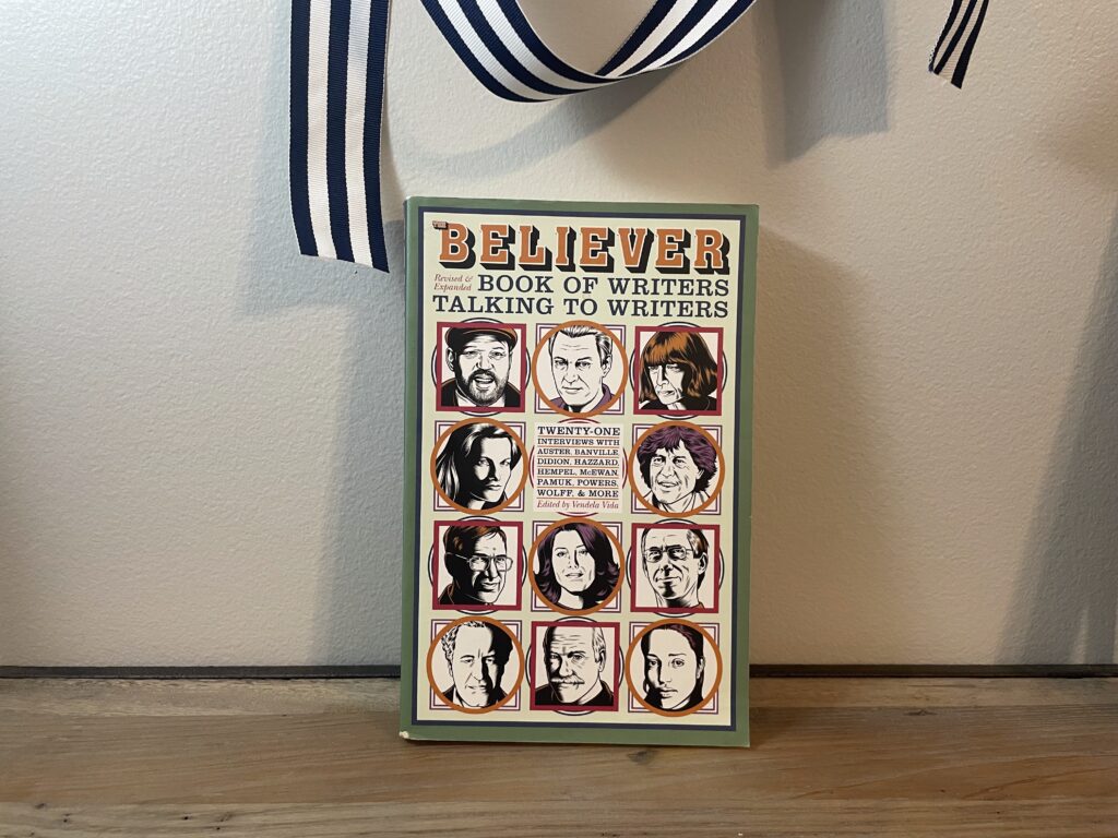 a book, The Believer Book Of Writers Talking To Writers, on a shelf
