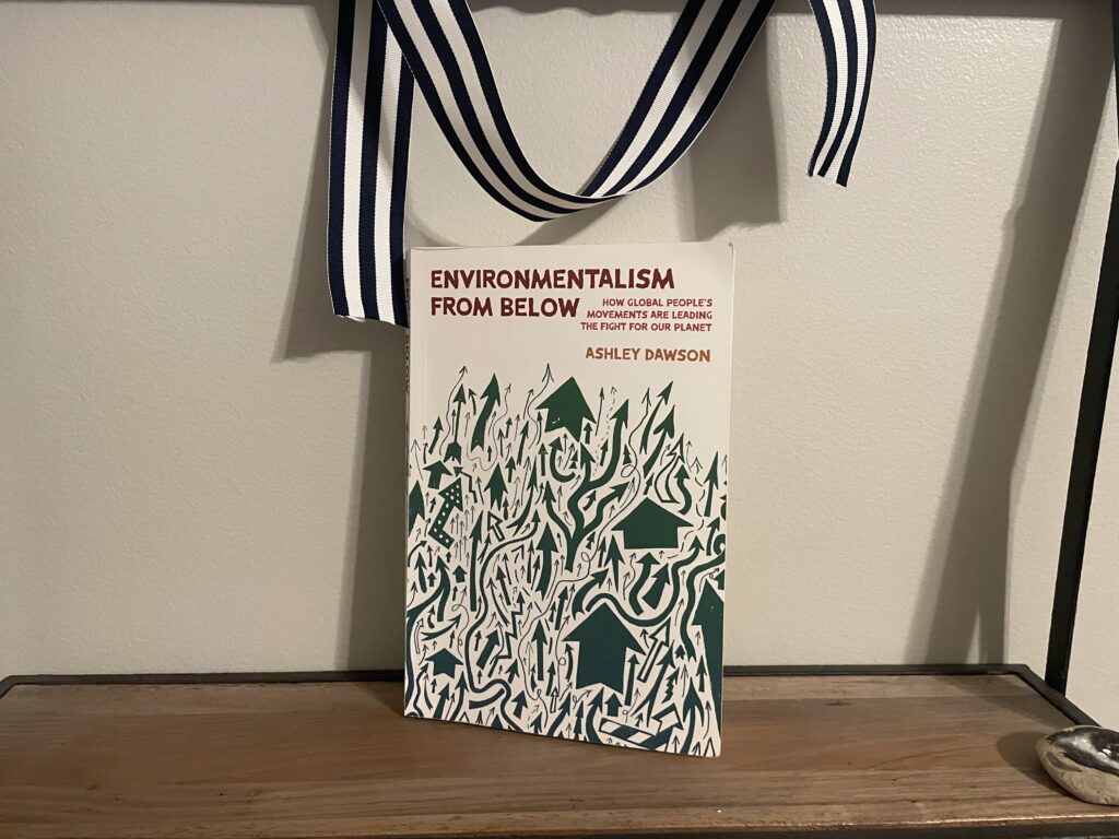 a book, Environmentalism From Below by Ashley Dawson, on a shelf