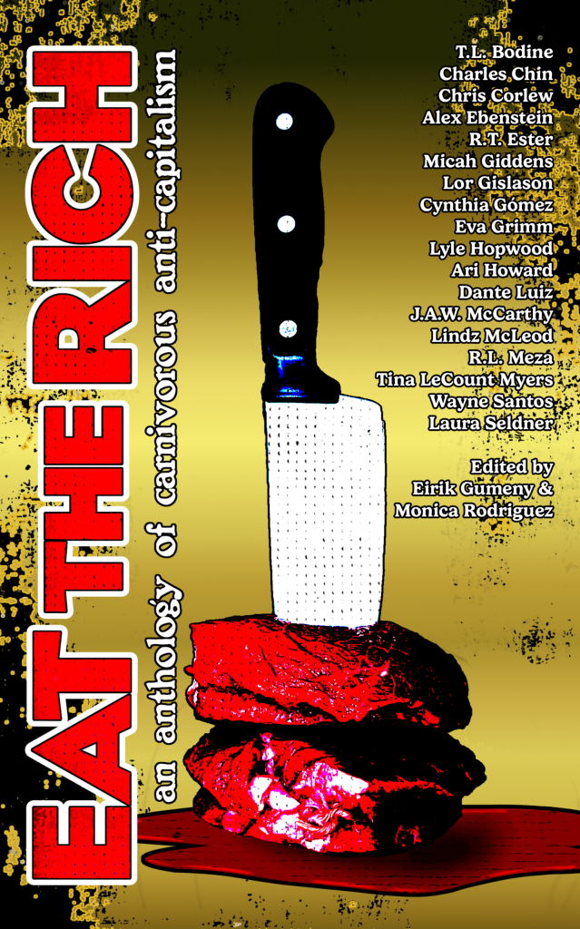 book cover for EAT THE RICH, an anthology of carnivorous anti-capitalism, featuring a knife sticking out of a red slab of meat