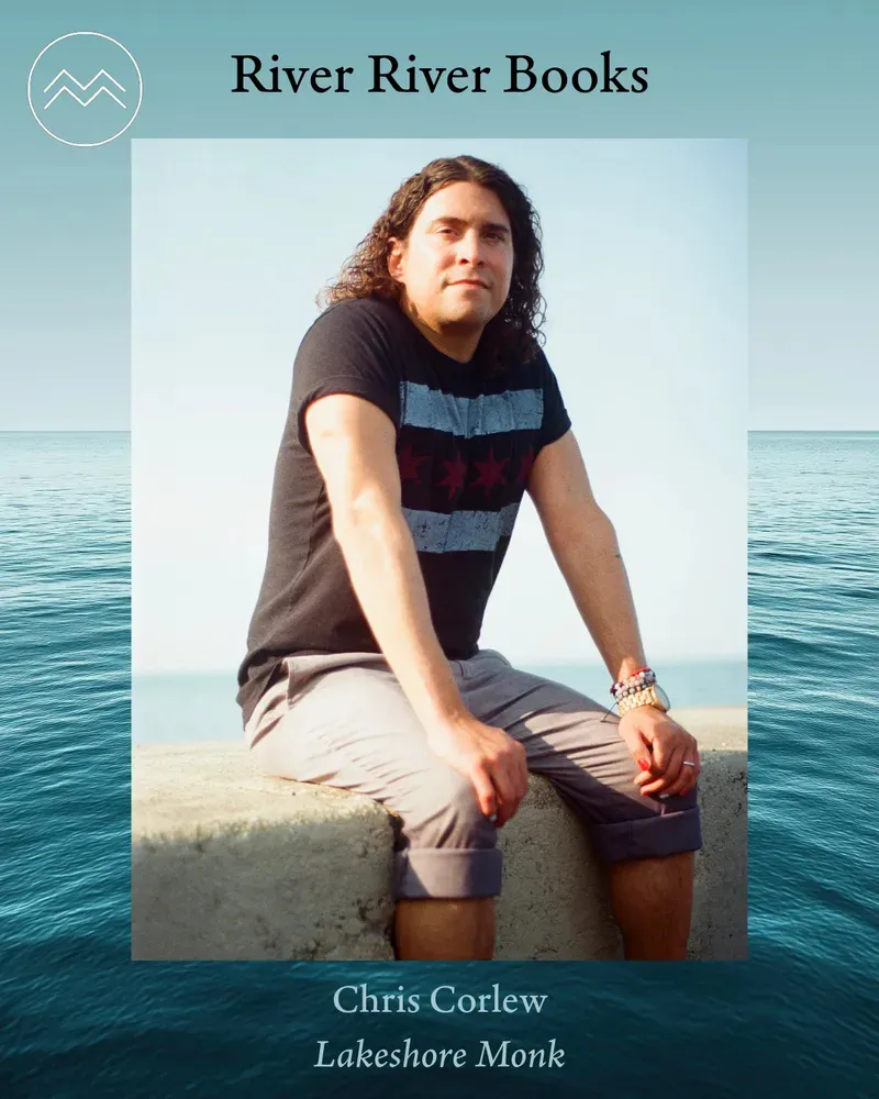 me sitting on a pier by Lake Michigan wearing a Chicago flag shirt with a River River Books announcement about my book, LAKESHORE MONK