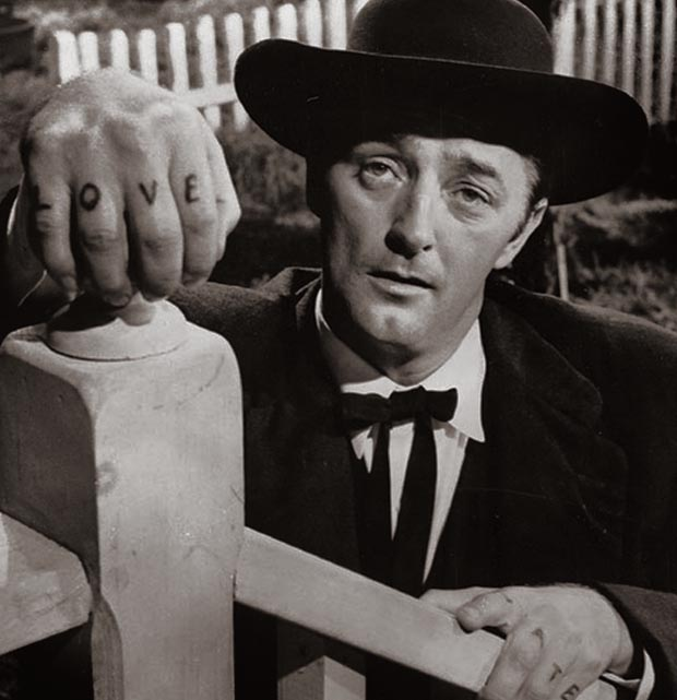 Harry Powell in The Night of The Hunter showing off the LOVE side of his love/hate finger tats